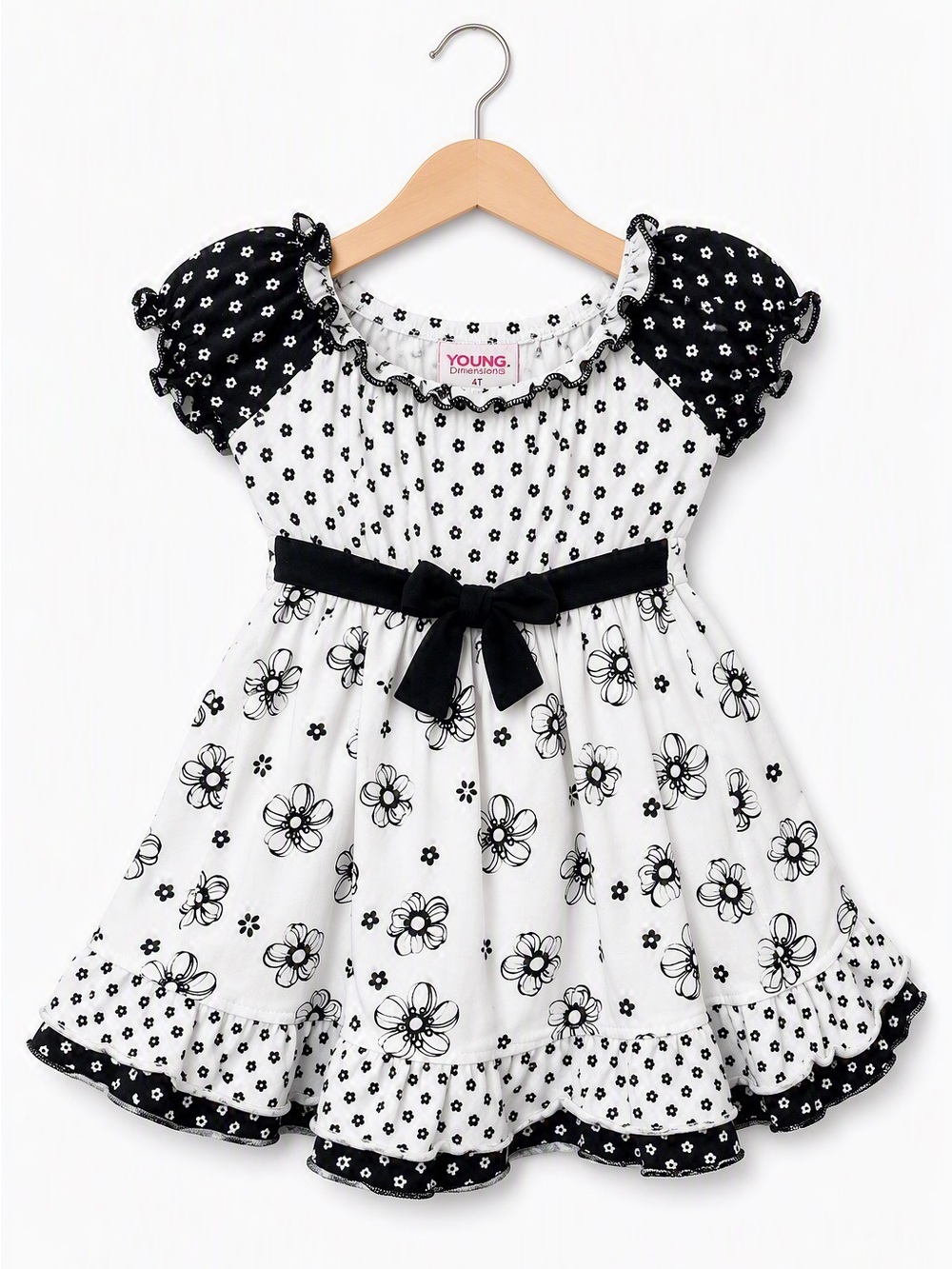 Vintage Y2K Young Hearts Black & White Floral Velvet Bow Ruffle Dress